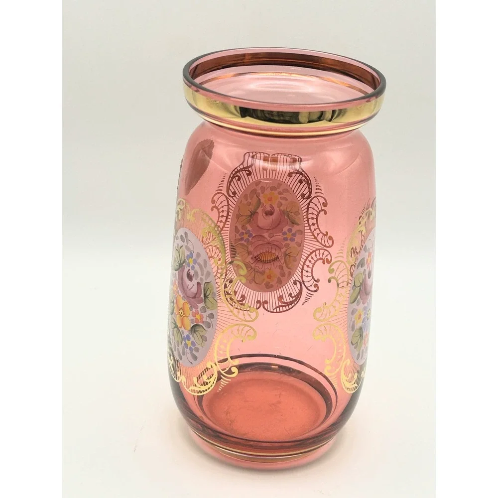 Vintage Bohemian‎ Cranberry Glass Vase Hand Painted Enamel Gold Czech Crystalex